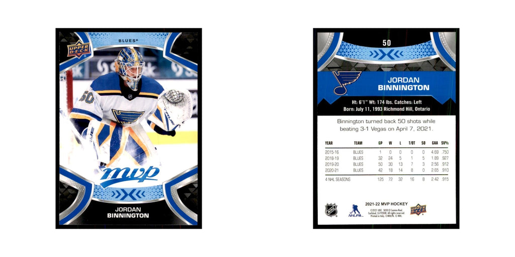 Jordan Binnington 2021 Upper Deck MVP #50 Hockey Cards Hockey Card NM