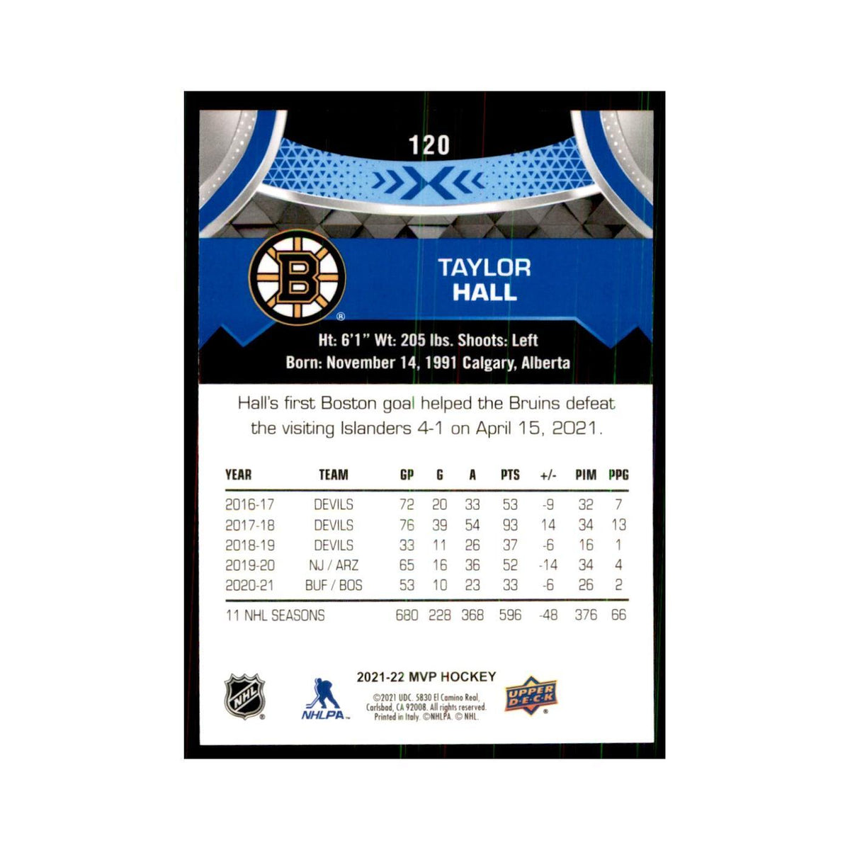 Taylor Hall 2021 Upper Deck MVP #120 Hockey Cards Hockey Card NM
