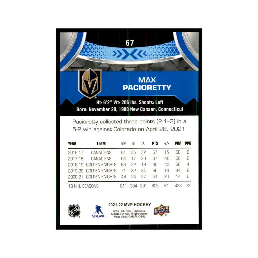 Max Pacioretty 2021 Upper Deck MVP #67 Hockey Cards Hockey Card NM
