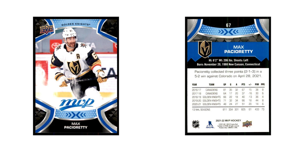 Max Pacioretty 2021 Upper Deck MVP #67 Hockey Cards Hockey Card NM