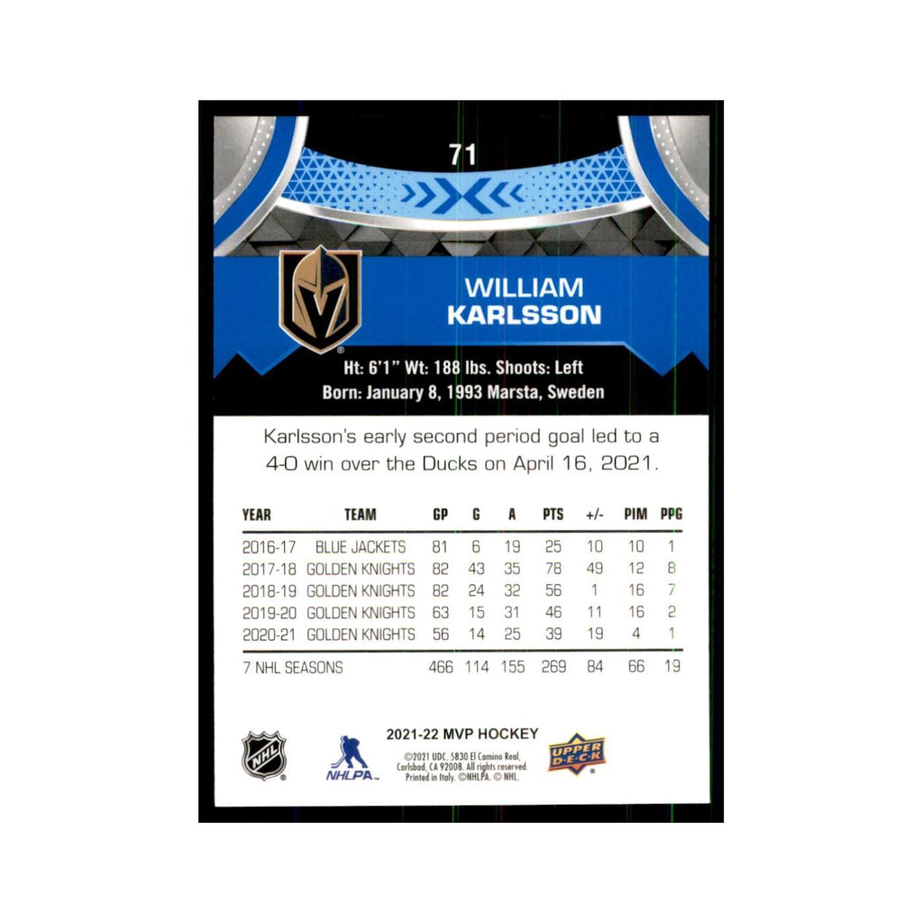 William Karlsson 2021 Upper Deck MVP #71 Hockey Cards Hockey Card NM