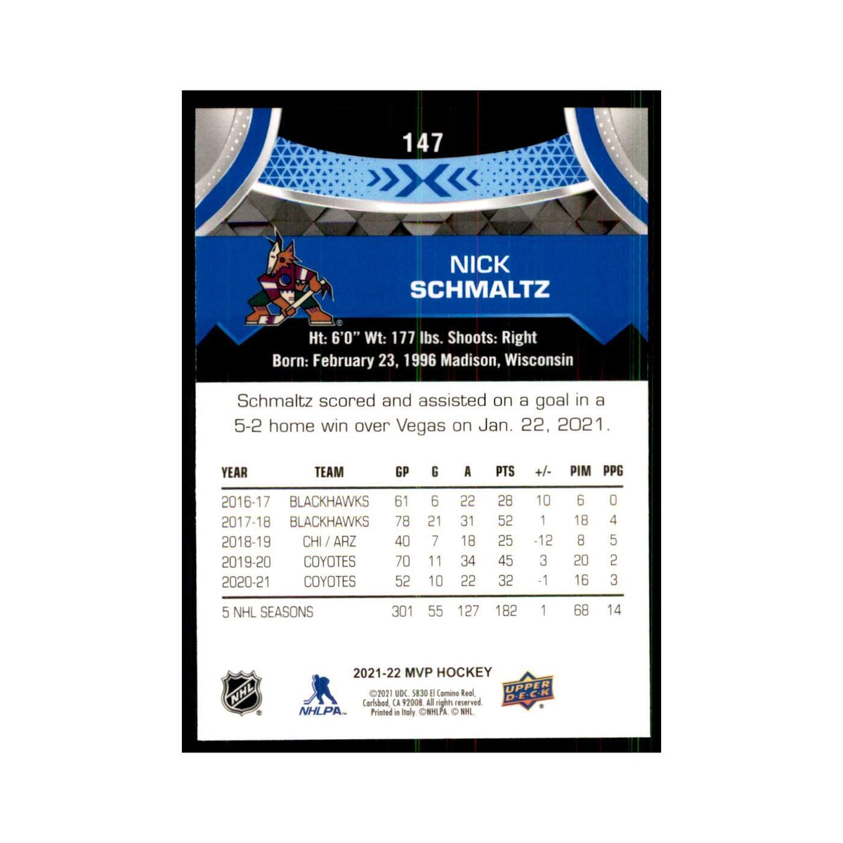 Nick Schmaltz 2021 Upper Deck MVP #147 Hockey Cards Hockey Card NM