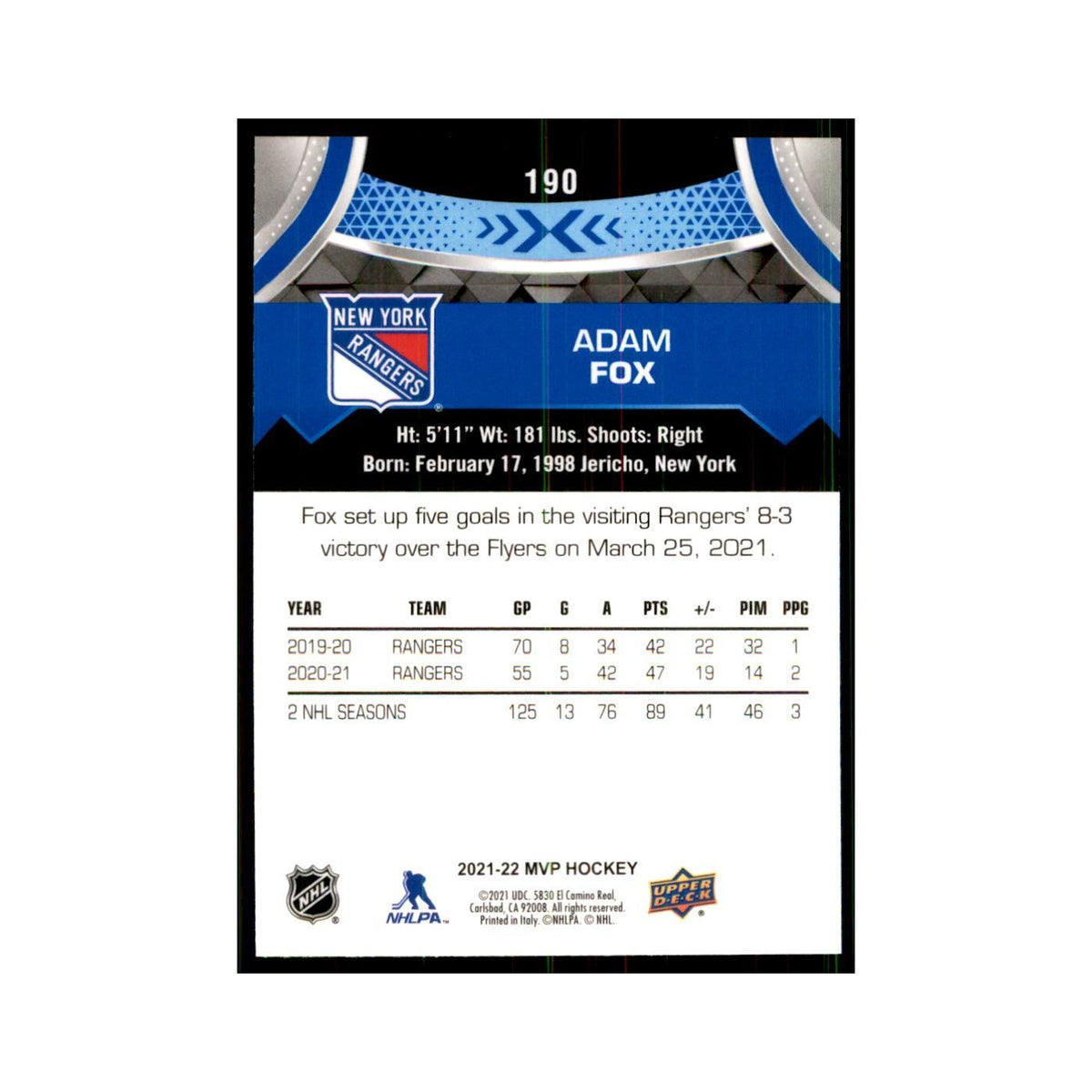 Adam Fox 2021 Upper Deck MVP #190 Hockey Cards Hockey Card NM