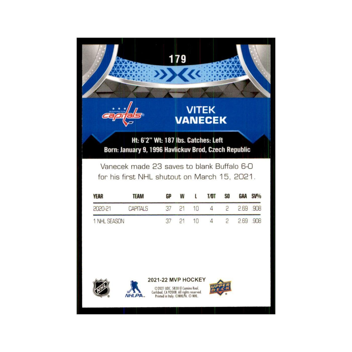 Vitek Vanecek 2021 Upper Deck MVP #179 Hockey Cards Hockey Card NM