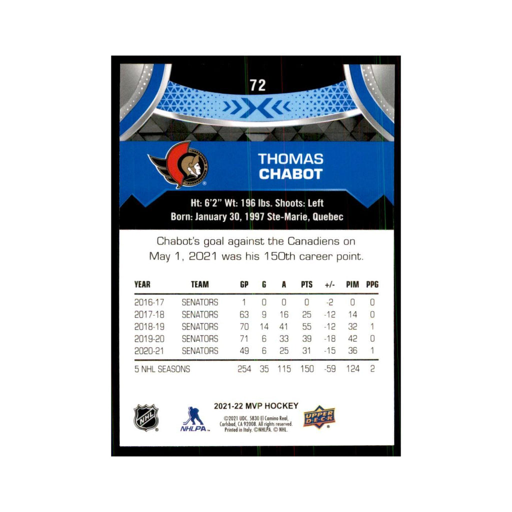 Thomas Chabot 2021 Upper Deck MVP #72 Hockey Cards Hockey Card NM