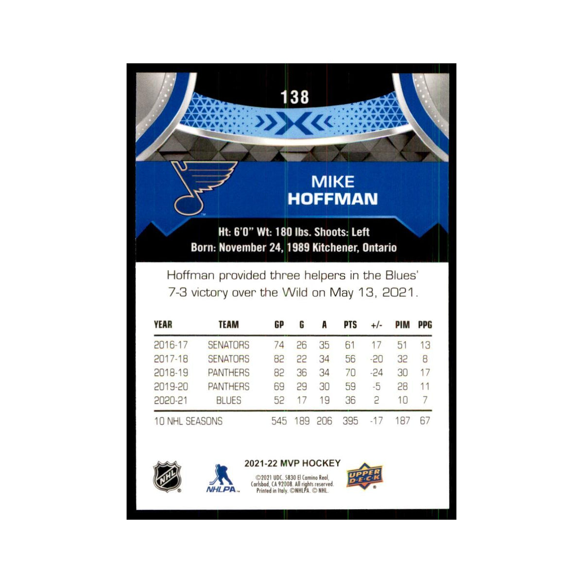 Mike Hoffman 2021 Upper Deck MVP #138 Hockey Cards Hockey Card NM