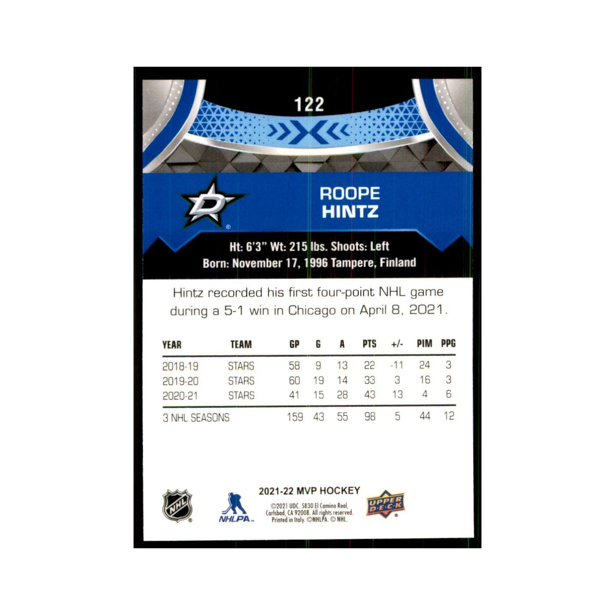 Roope Hintz 2021 Upper Deck MVP #122 Hockey Cards Hockey Card NM