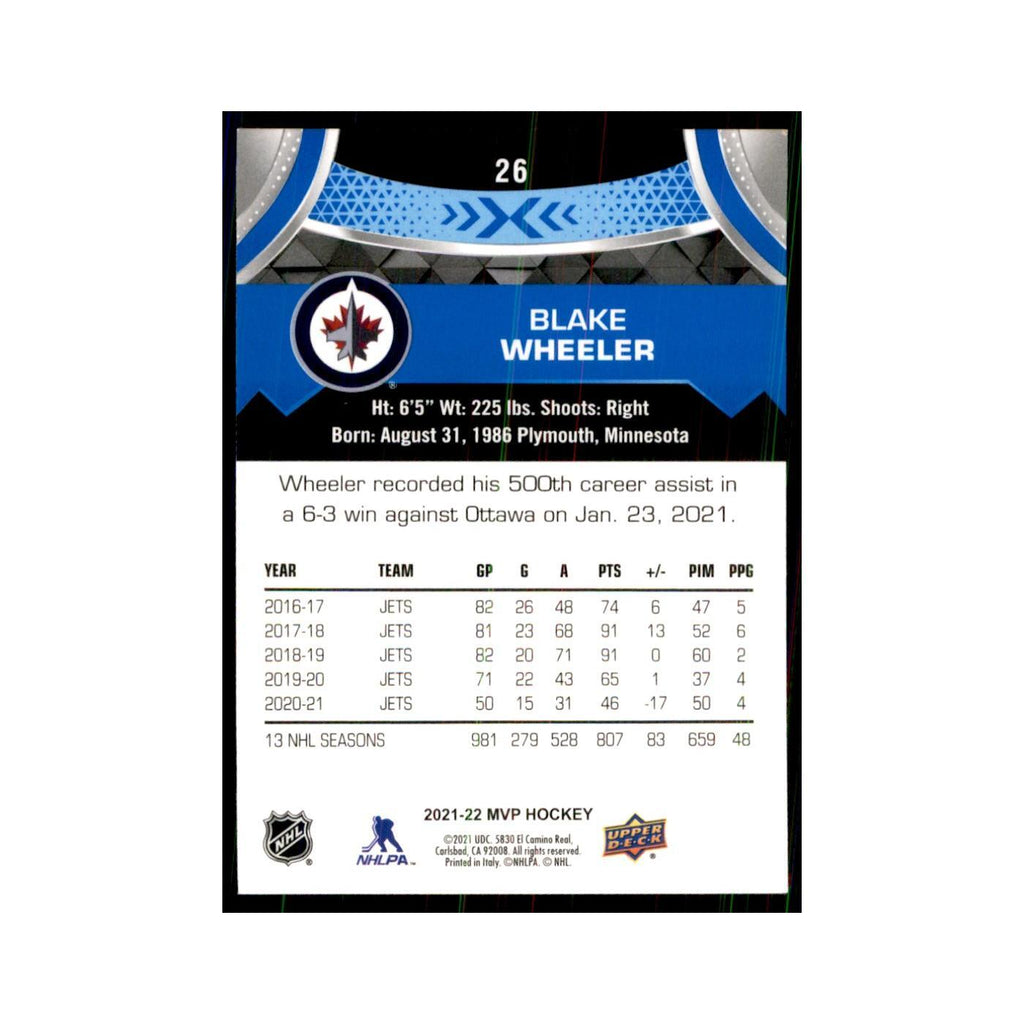 Blake Wheeler 2021 Upper Deck MVP #26 Hockey Cards Hockey Card NM
