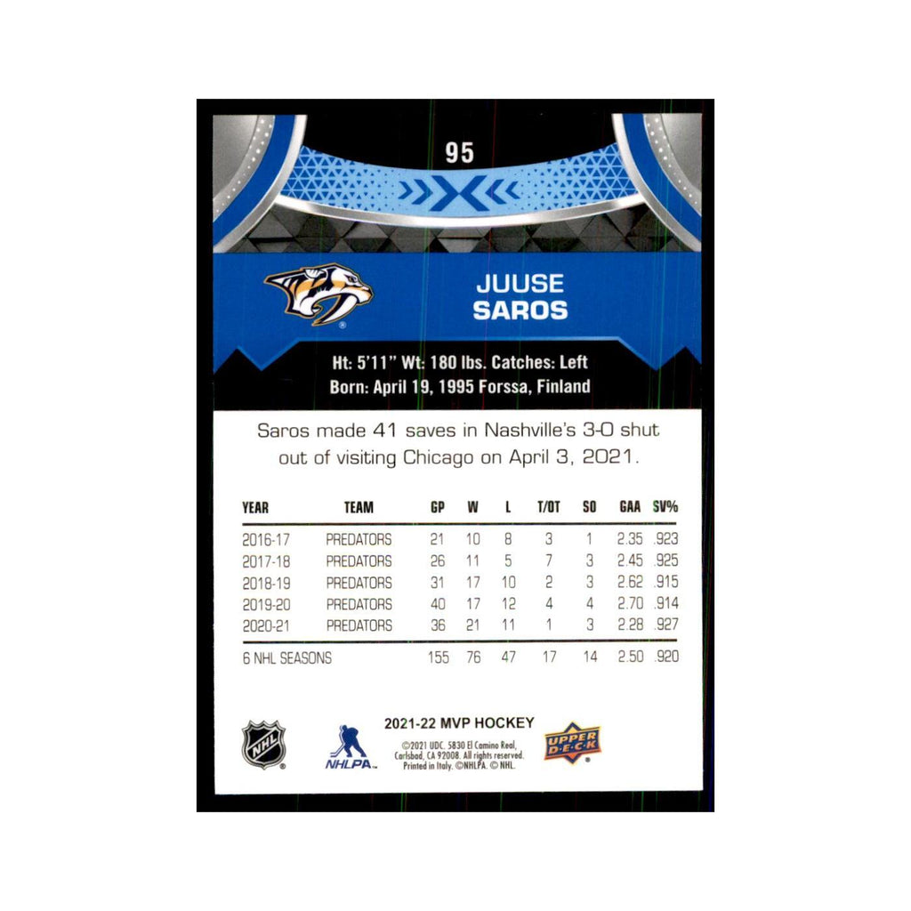 Juuse Saros 2021 Upper Deck MVP #95 Hockey Cards Hockey Card NM