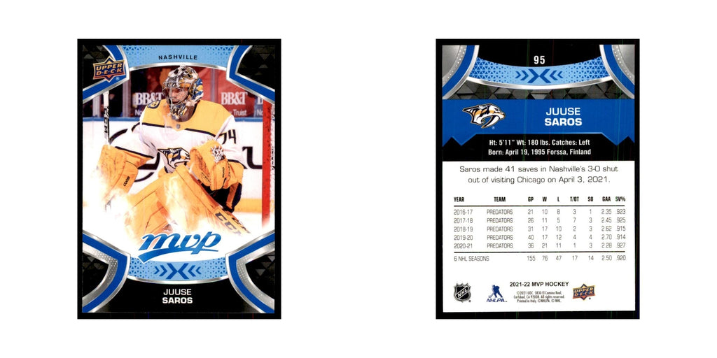 Juuse Saros 2021 Upper Deck MVP #95 Hockey Cards Hockey Card NM