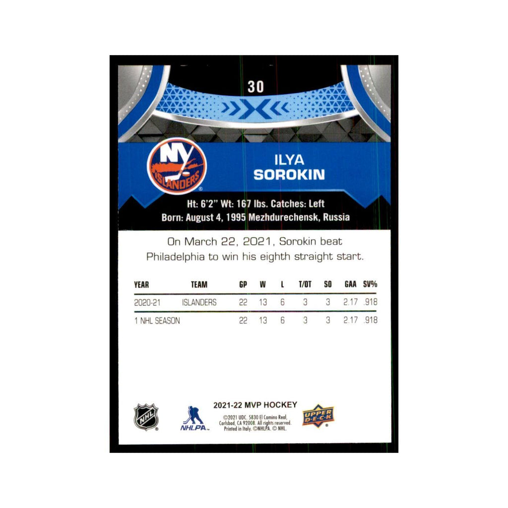 Ilya Sorokin 2021 Upper Deck MVP #30 Hockey Cards Hockey Card NM