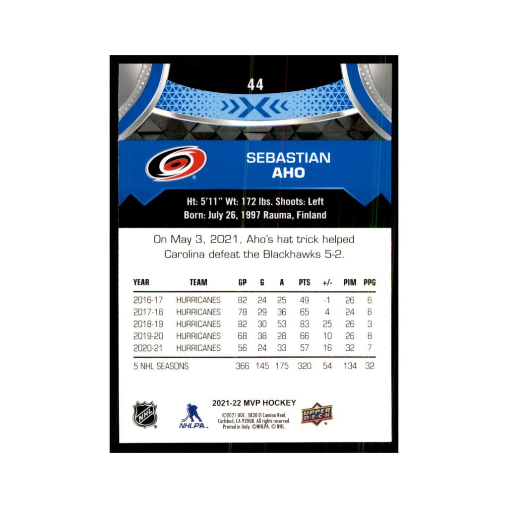 Sebastian Aho 2021 Upper Deck MVP #44 Hockey Cards Hockey Card NM