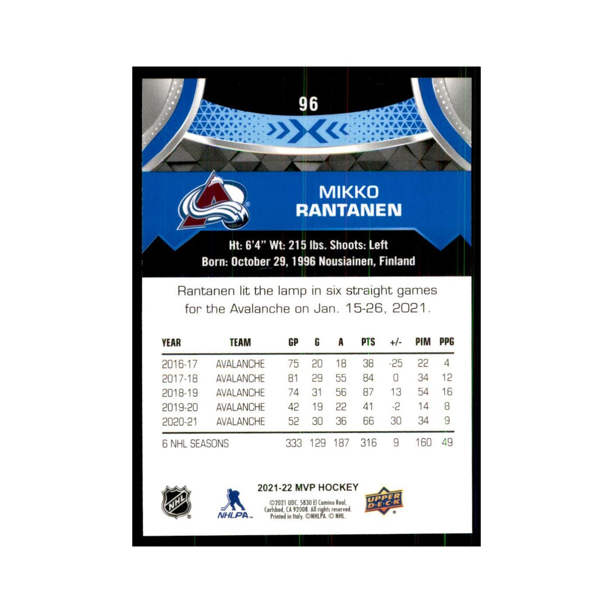 Mikko Rantanen 2021 Upper Deck MVP #96 Hockey Cards Hockey Card NM