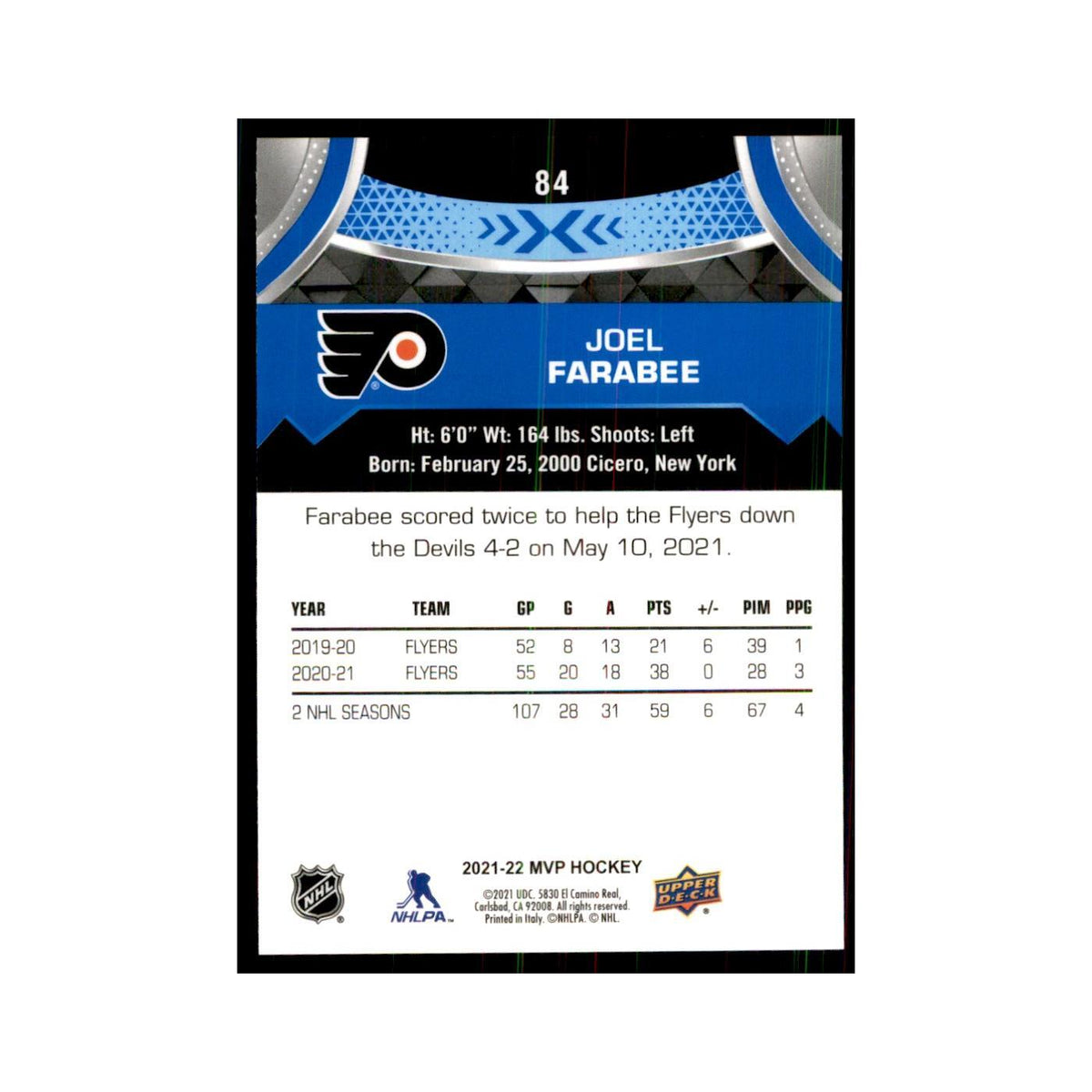 Joel Farabee 2021 Upper Deck MVP #84 Hockey Cards Hockey Card NM