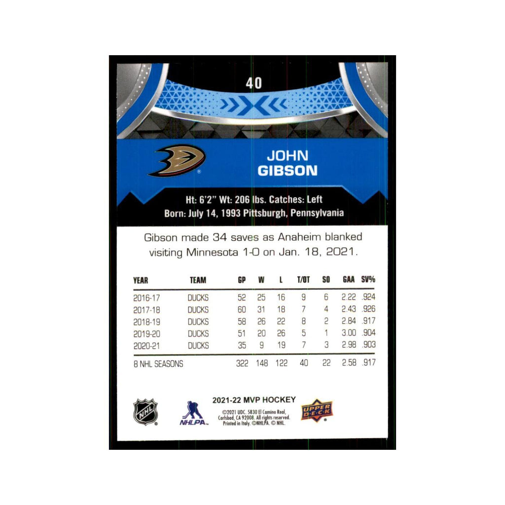 John Gibson 2021 Upper Deck MVP #40 Hockey Cards Hockey Card NM