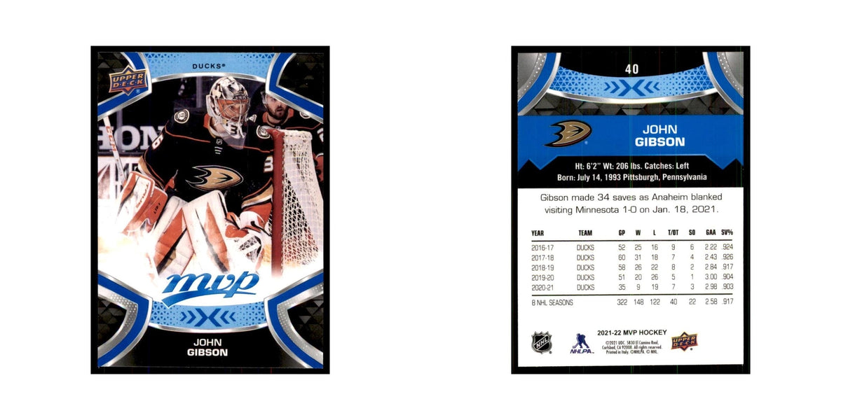 John Gibson 2021 Upper Deck MVP #40 Hockey Cards Hockey Card NM
