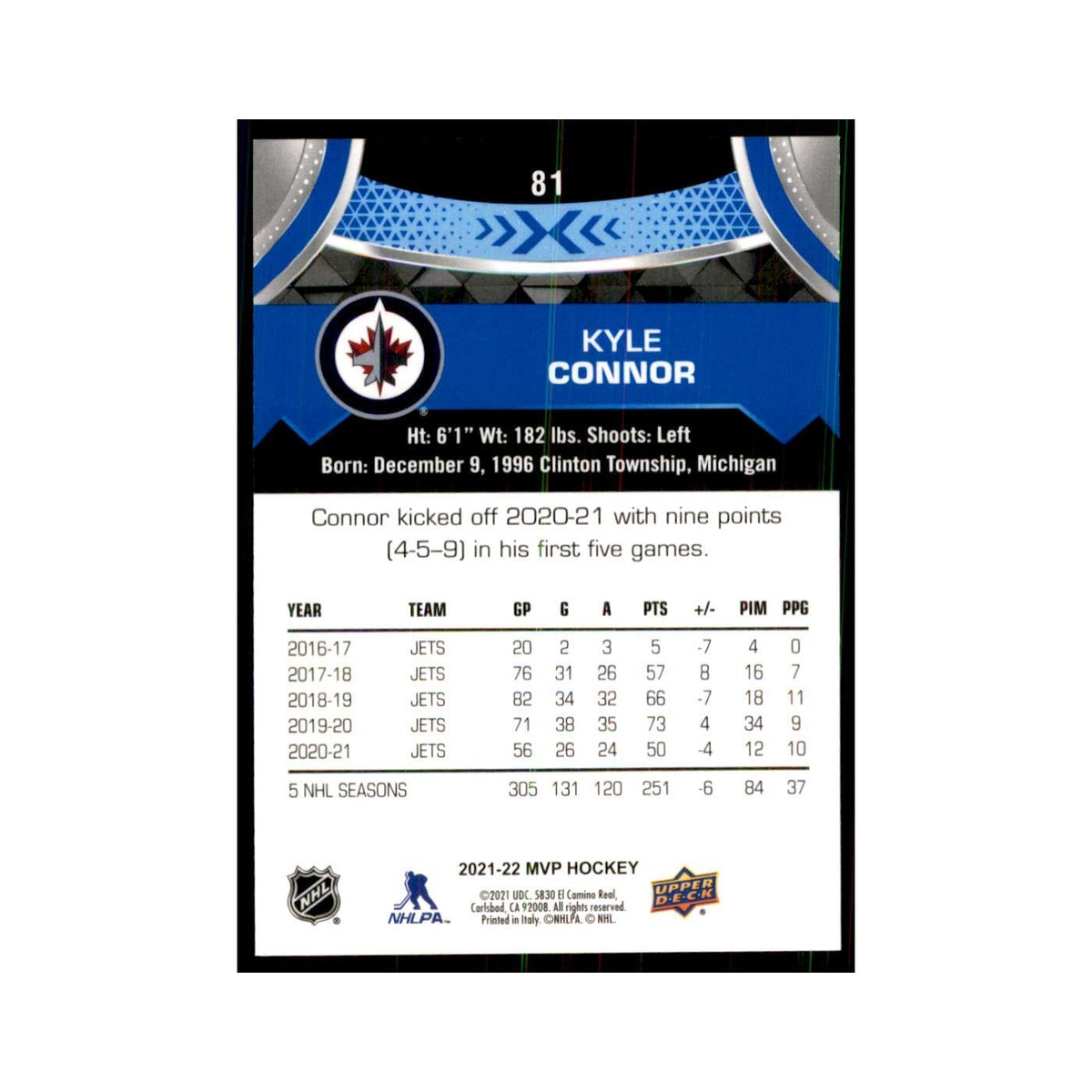 Kyle Connor 2021 Upper Deck MVP #81 Hockey Cards Hockey Card NM