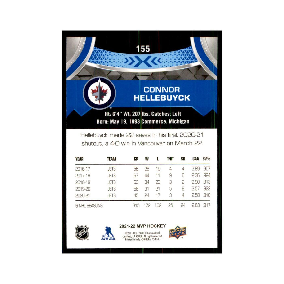 Connor Hellebuyck 2021 Upper Deck MVP #155 Hockey Cards Hockey Card NM