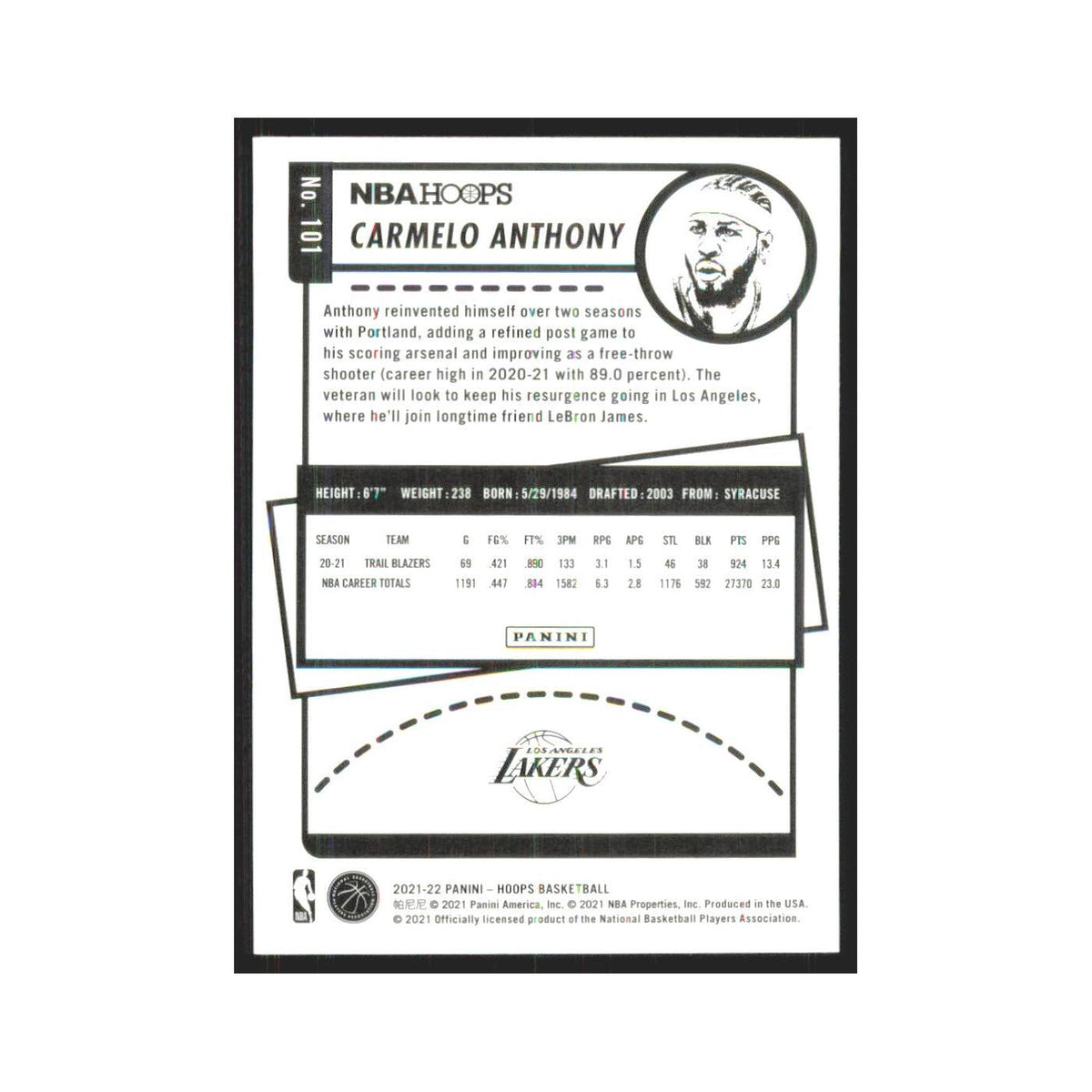 Carmelo Anthony 2021 NBA Hoops #101 Los Angeles Lakers Basketball Card NM
