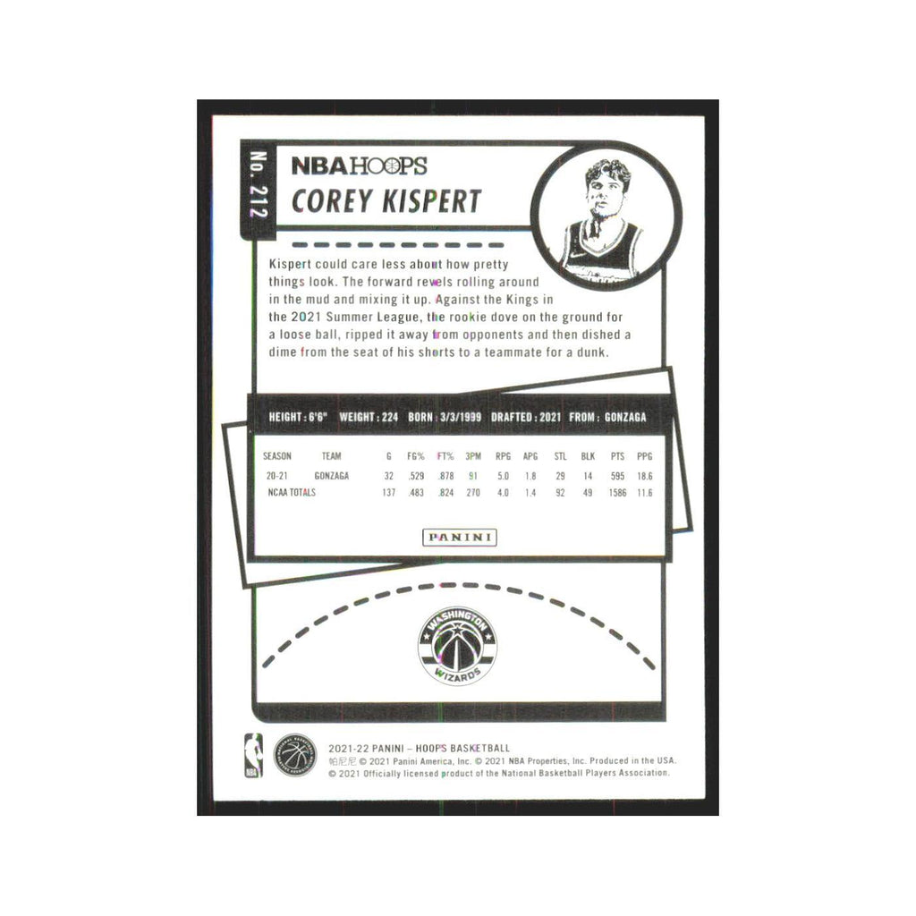 Corey Kispert Rookie 2021 NBA Hoops #212 Washington Wizards Basketball Card NM