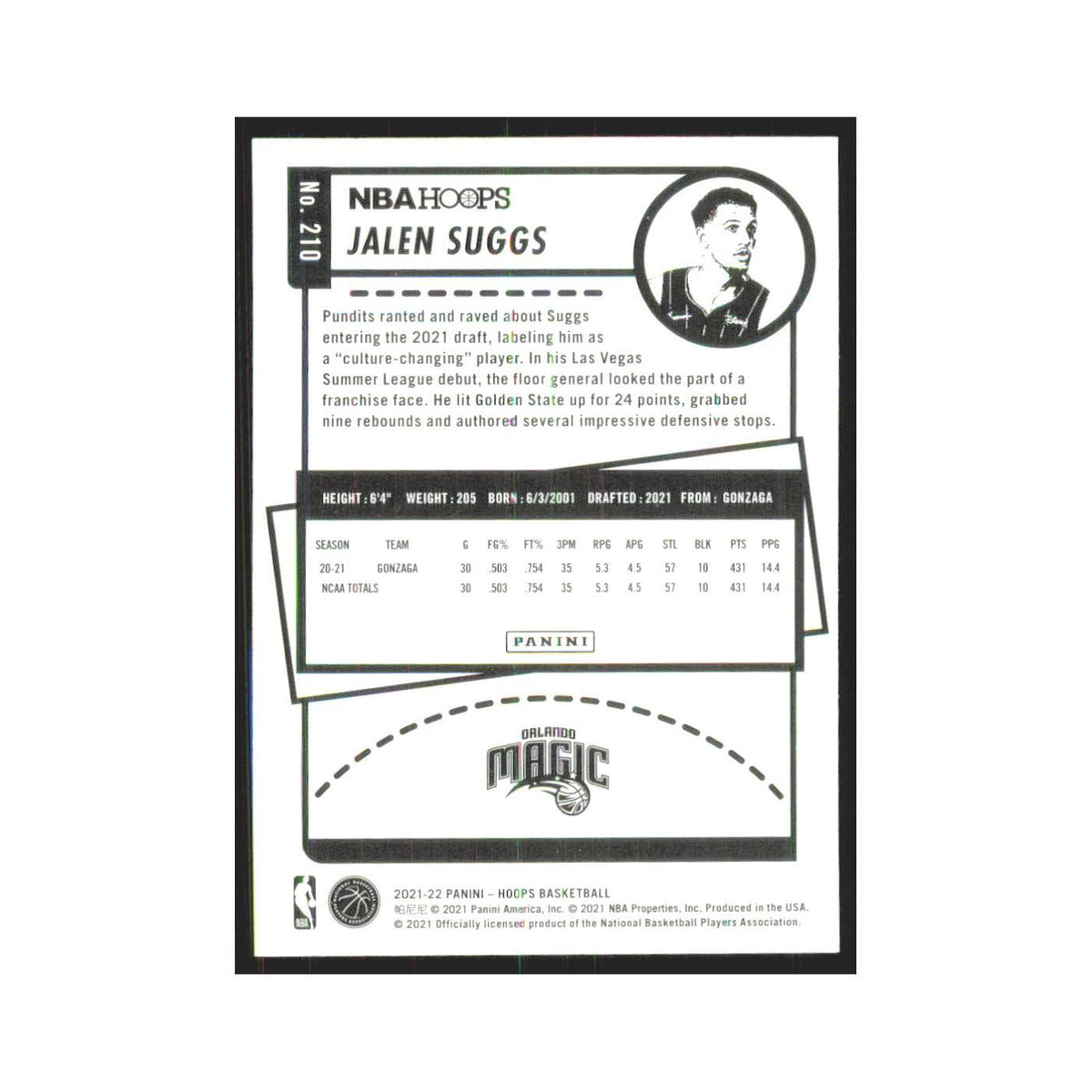 Jalen Suggs Rookie 2021 NBA Hoops #210 Orlando Magic Basketball Card NM