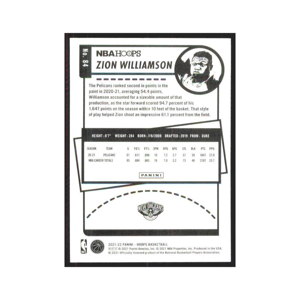 Zion Williamson 2021 NBA Hoops #84 New Orleans Pelicans Basketball Card NM