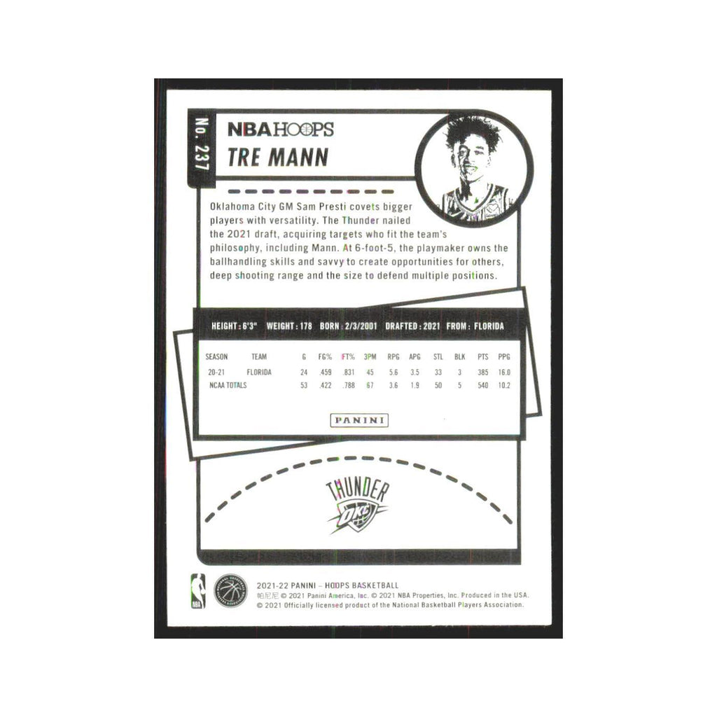 Tre Mann Rookie 2021 NBA Hoops #237 Oklahoma City Thunder Basketball Card NM