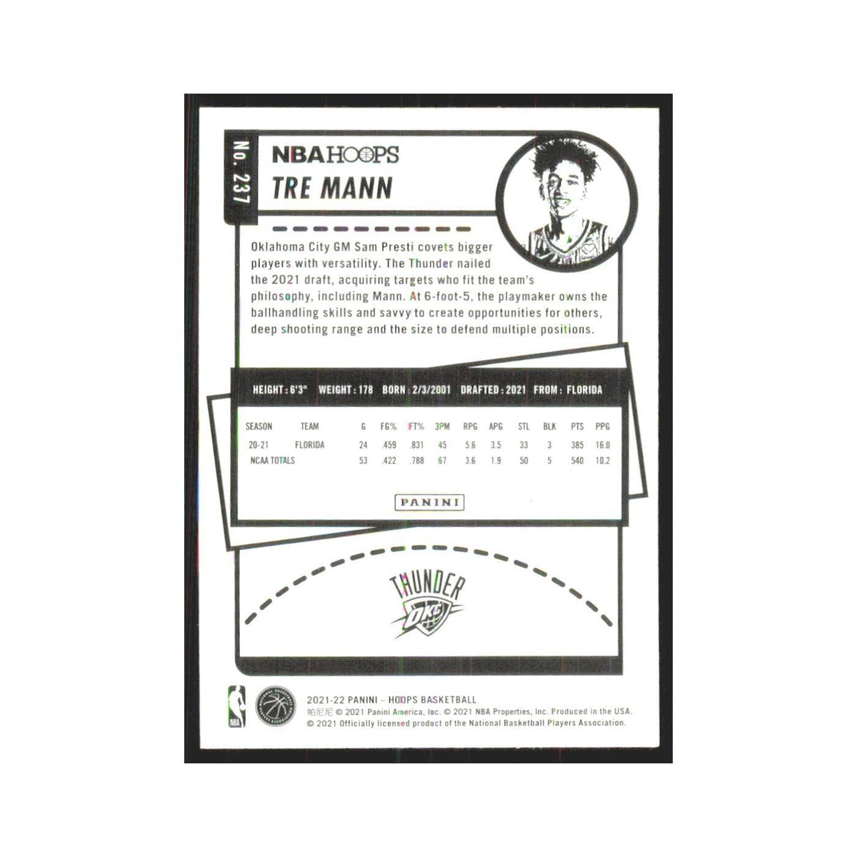 Tre Mann Rookie 2021 NBA Hoops #237 Oklahoma City Thunder Basketball Card NM