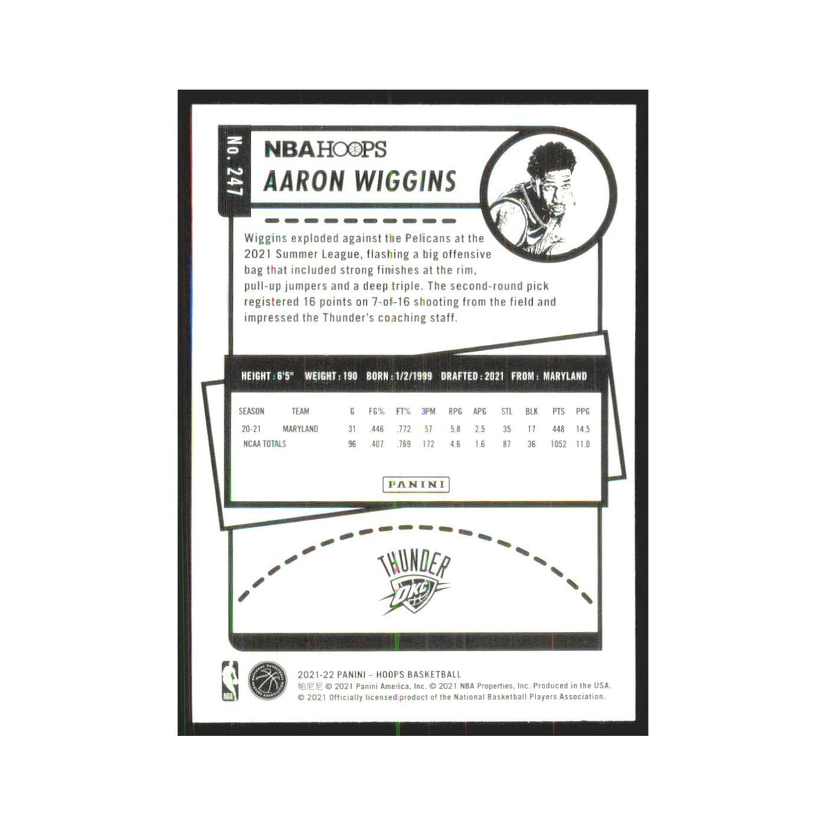 Aaron Wiggins Rookie 2021 NBA Hoops #247 Oklahoma City Thunder NM