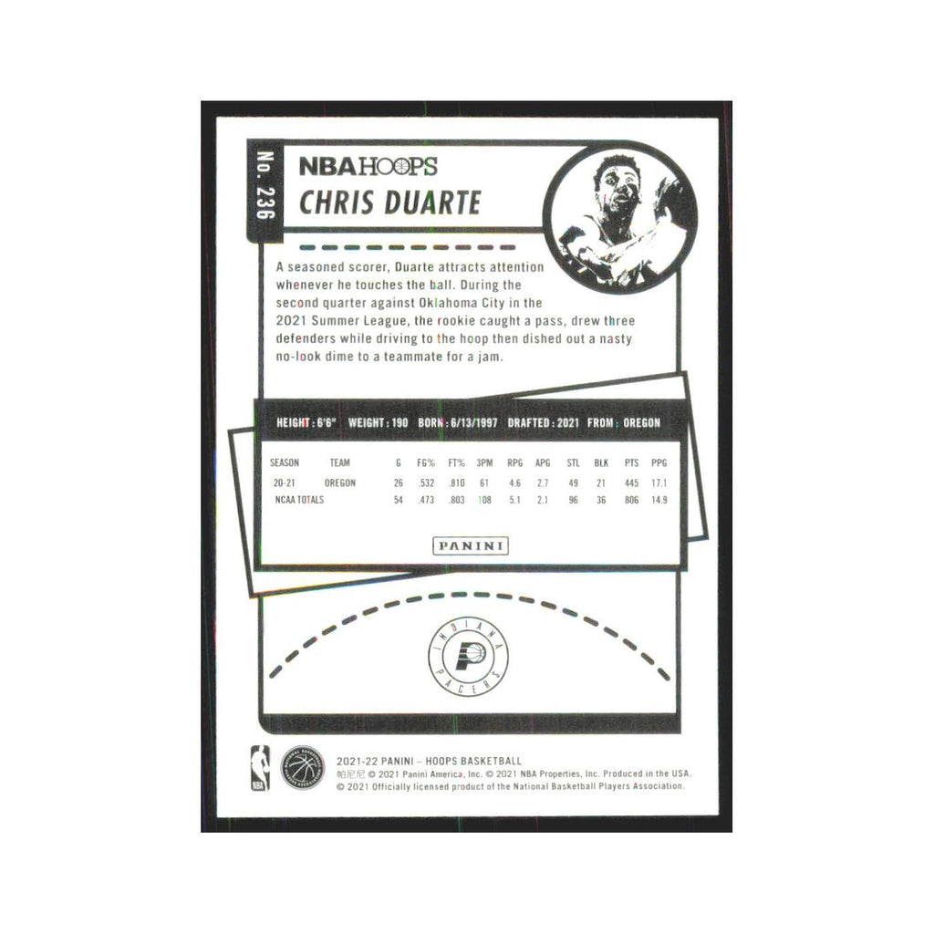 Chris Duarte Rookie 2021 NBA Hoops #236 Indiana Pacers Basketball Card NM