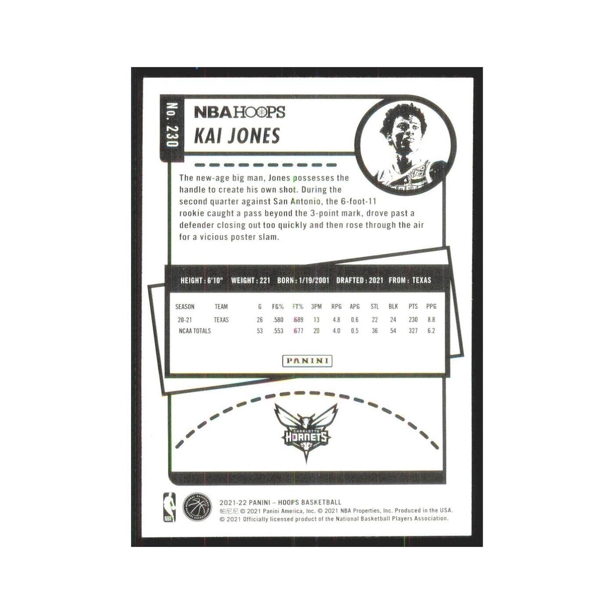 Kai Jones Rookie 2021 NBA Hoops #230 Charlotte Hornets Basketball Card NM
