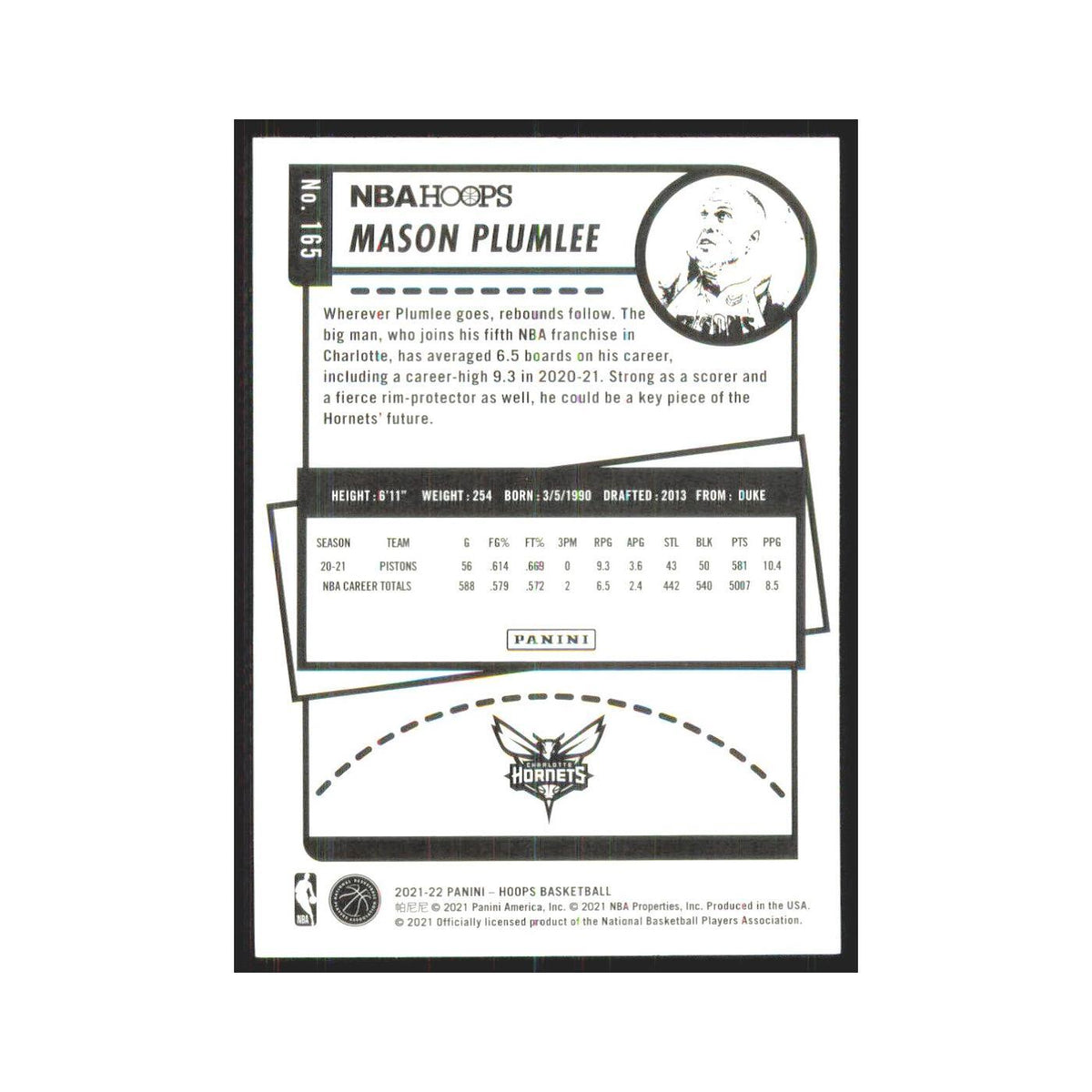 Mason Plumlee 2021 NBA Hoops #165 Charlotte Hornets Basketball Card NM