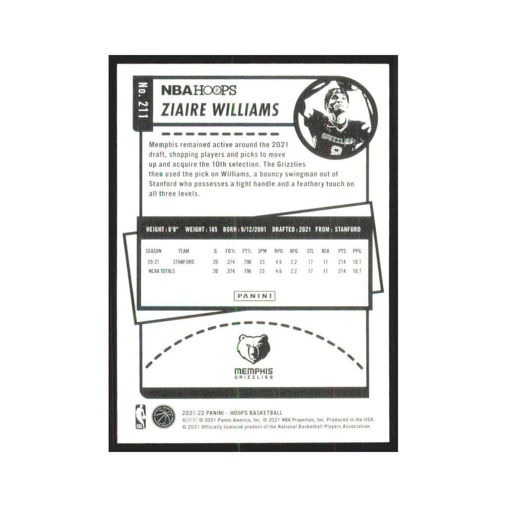 Ziaire Williams Rookie 2021 NBA Hoops #211 Memphis Grizzlies Basketball Card NM