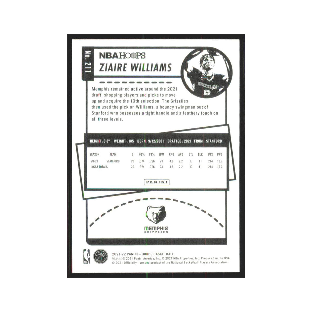 Ziaire Williams Rookie 2021 NBA Hoops #211 Memphis Grizzlies Basketball Card NM