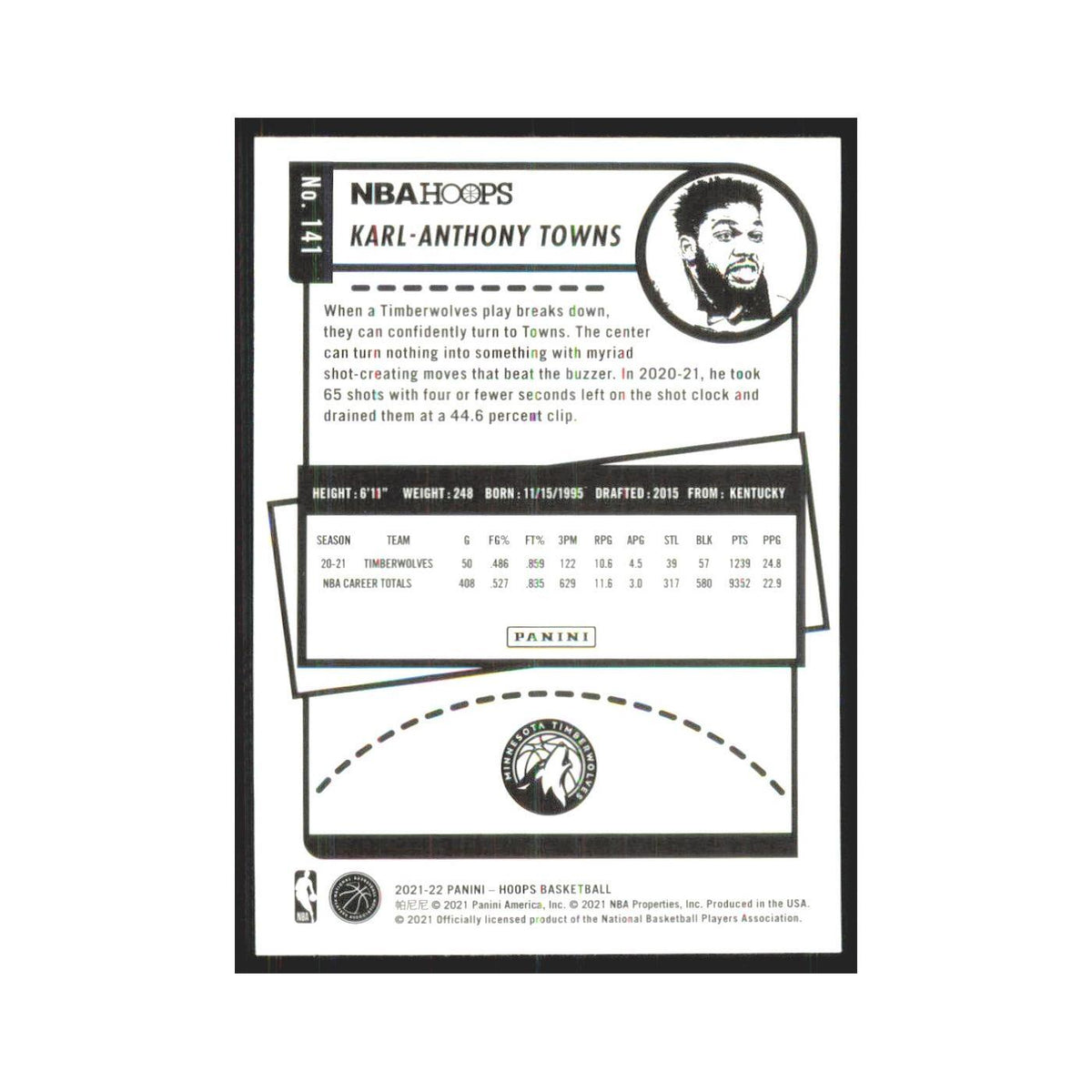 Karl-Anthony Towns 2021 NBA Hoops #141 Minnesota Timberwolves Basketball Card NM