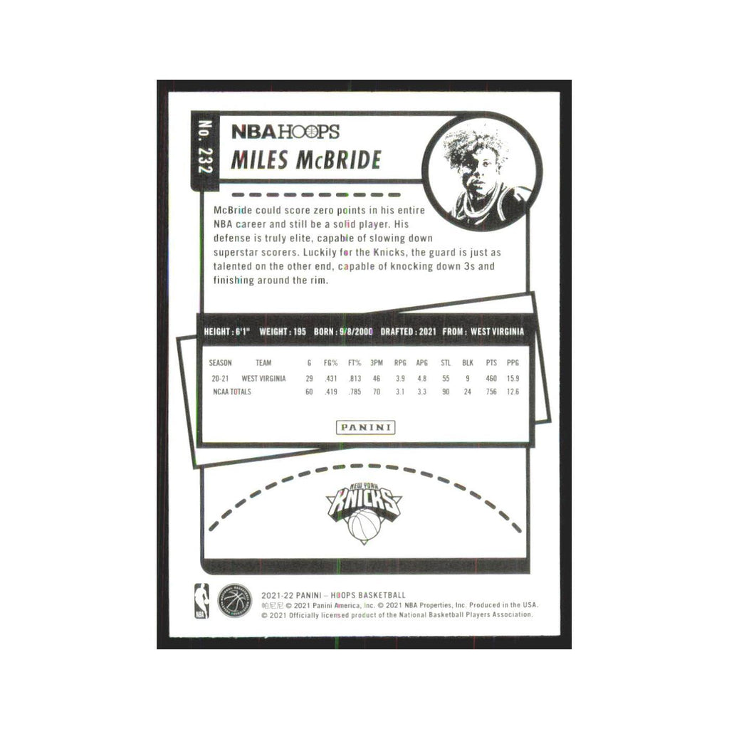 Miles McBride Rookie 2021 NBA Hoops #232 New York Knicks Basketball Card NM