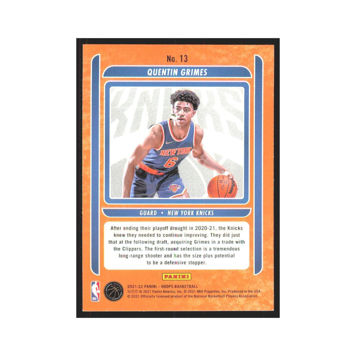 Quentin Grimes 2021 NBA Hoops #13 New York Knicks Basketball Card NM