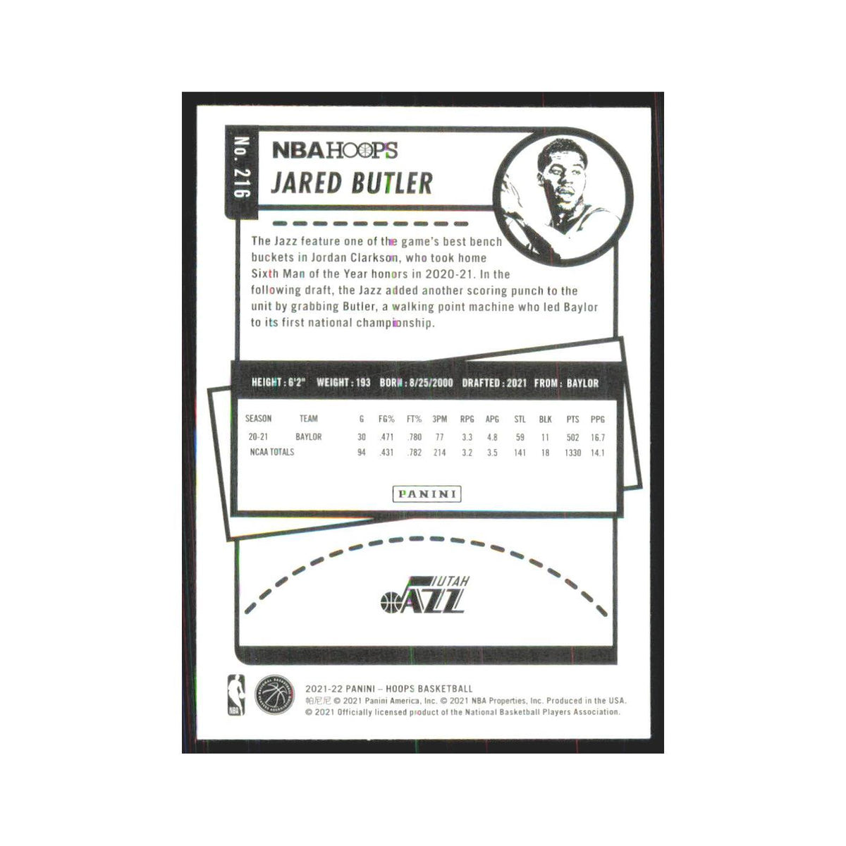 Jared Butler Rookie 2021 NBA Hoops #216 Utah Jazz Basketball Card NM