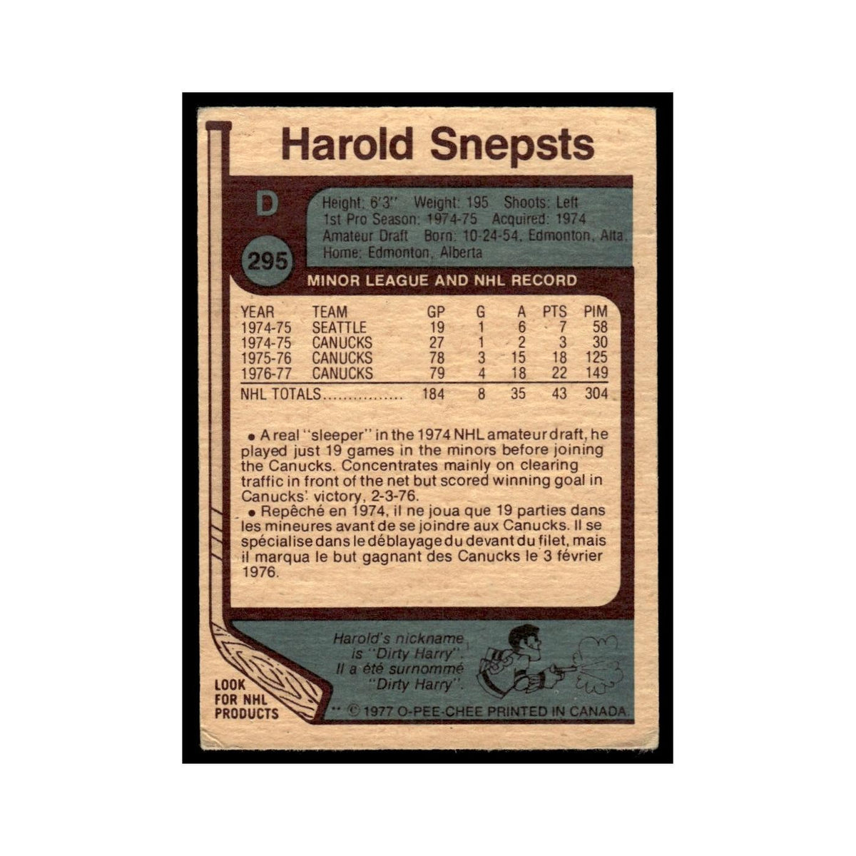 Harold Snepsts 1977 O-Pee-Chee (Damaged) #295 Vancouver Canucks Hockey Card VG