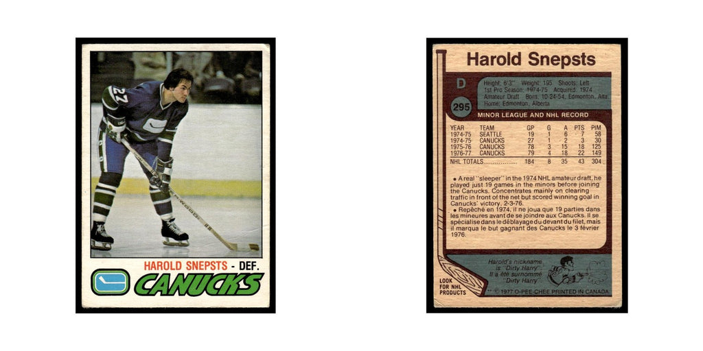Harold Snepsts 1977 O-Pee-Chee (Damaged) #295 Vancouver Canucks Hockey Card VG