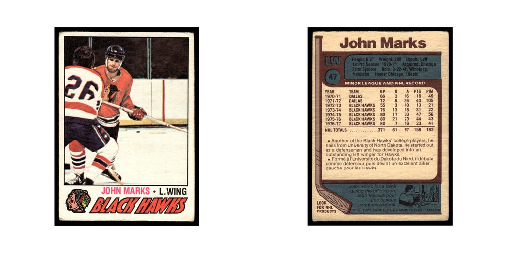 John Marks 1977 O-Pee-Chee (Damaged) #47 Chicago Blackhawks Hockey Card VG