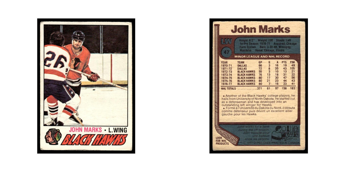 John Marks 1977 O-Pee-Chee (Damaged) #47 Chicago Blackhawks Hockey Card VG