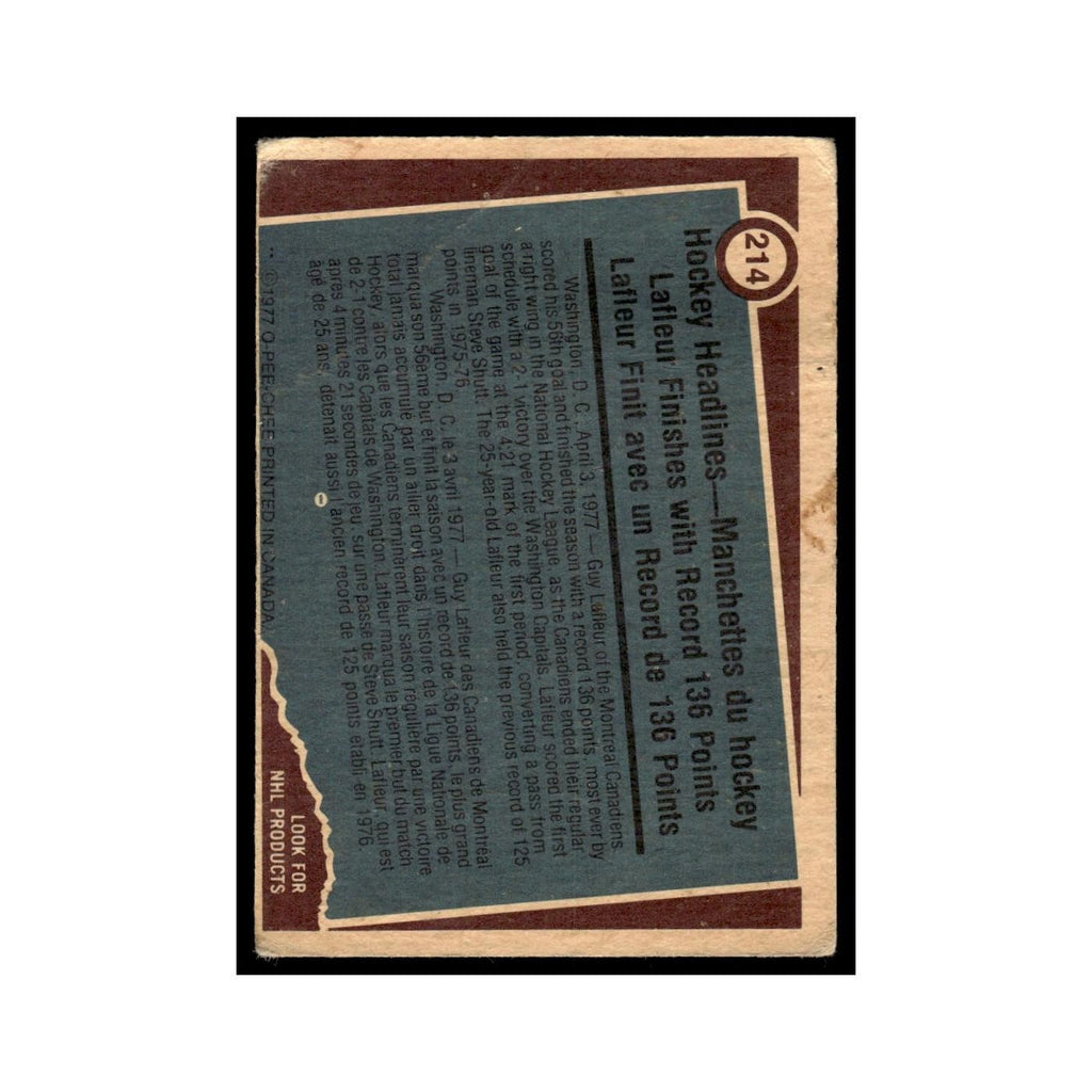 Guy Lafleur 1977 O-Pee-Chee (Damaged) #214 Montreal Canadiens Hockey Card VG