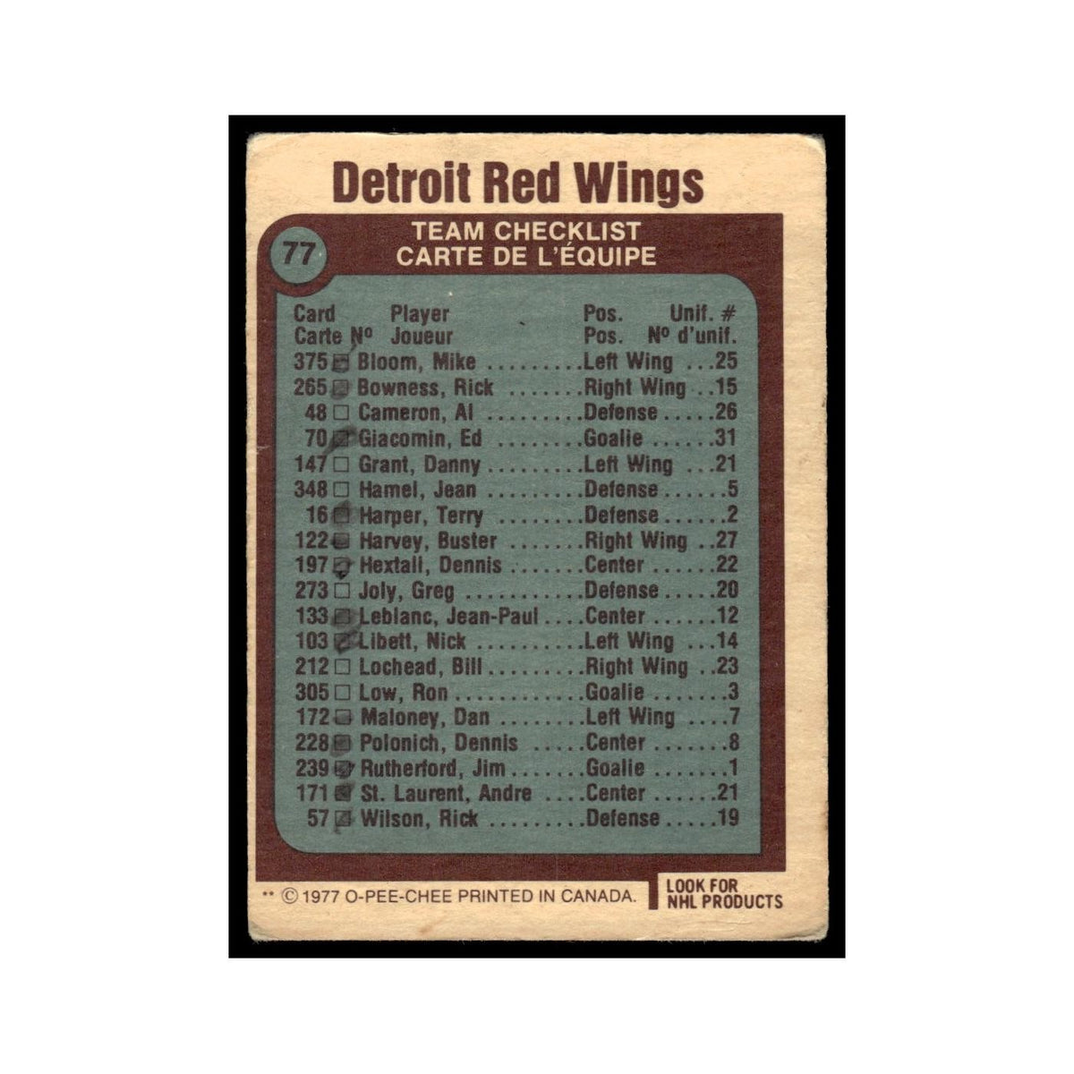 Detroit Red Wings Team 1977 O-Pee-Chee (Damaged) #77 Hockey Card VG