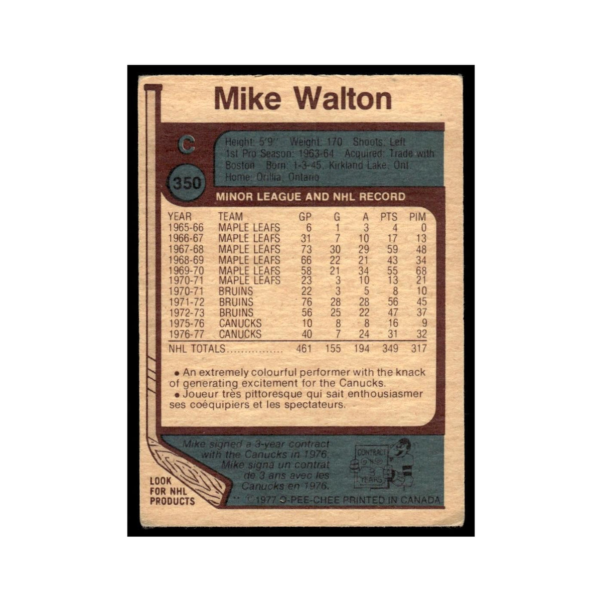Mike Walton 1977 O-Pee-Chee (Damaged) #350 Vancouver Canucks Hockey Card VG