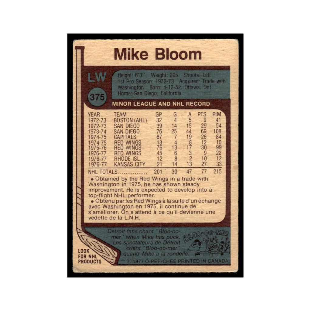 Mike Bloom 1977 O-Pee-Chee #375 Detroit Red Wings Hockey Card EX