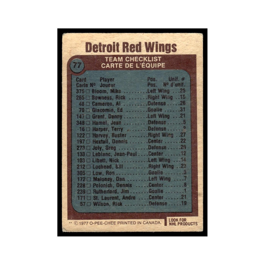 Detroit Red Wings Team 1977 O-Pee-Chee (Damaged) #77 Hockey Card VG