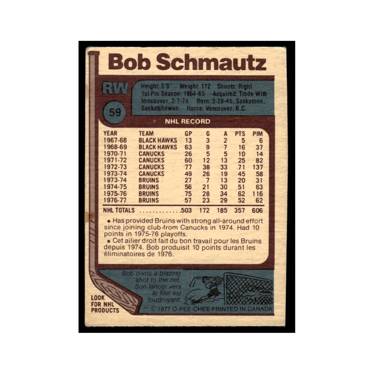 Bobby Schmautz 1977 O-Pee-Chee (Damaged) #59 Boston Bruins Hockey Card VG