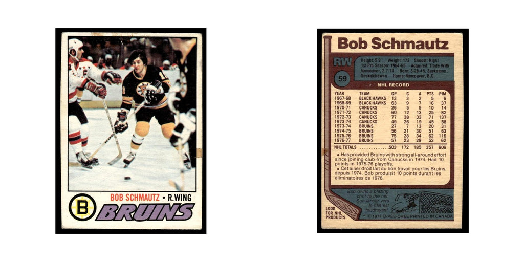 Bobby Schmautz 1977 O-Pee-Chee (Damaged) #59 Boston Bruins Hockey Card VG