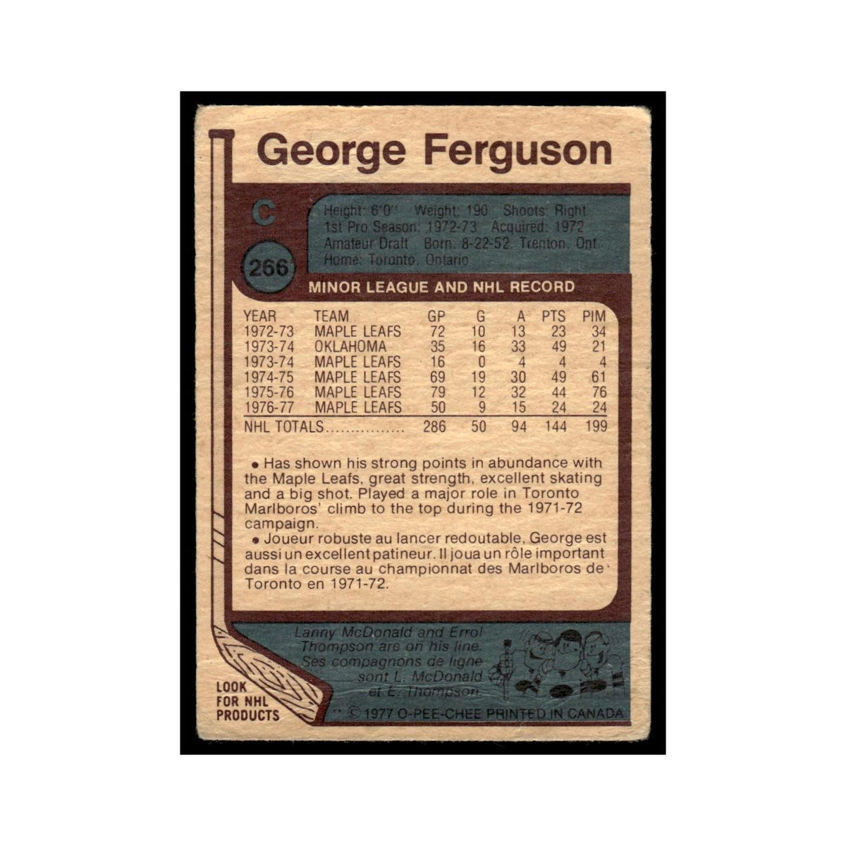 George Ferguson 1977 O-Pee-Chee #266 Toronto Maple Leafs Hockey Card EX